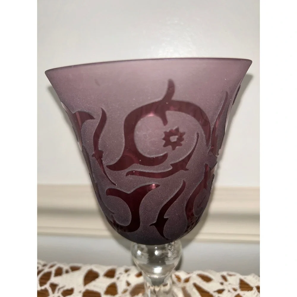 Amethyst Purple Etched Glass Wine Goblets Set of 2 Frosted Scroll Design 7.6